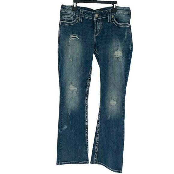 Silver Denim Jeans Women 29X31 Bootcut Low Rise Distressed Pockets Whiskers Blue - Picture 1 of 11